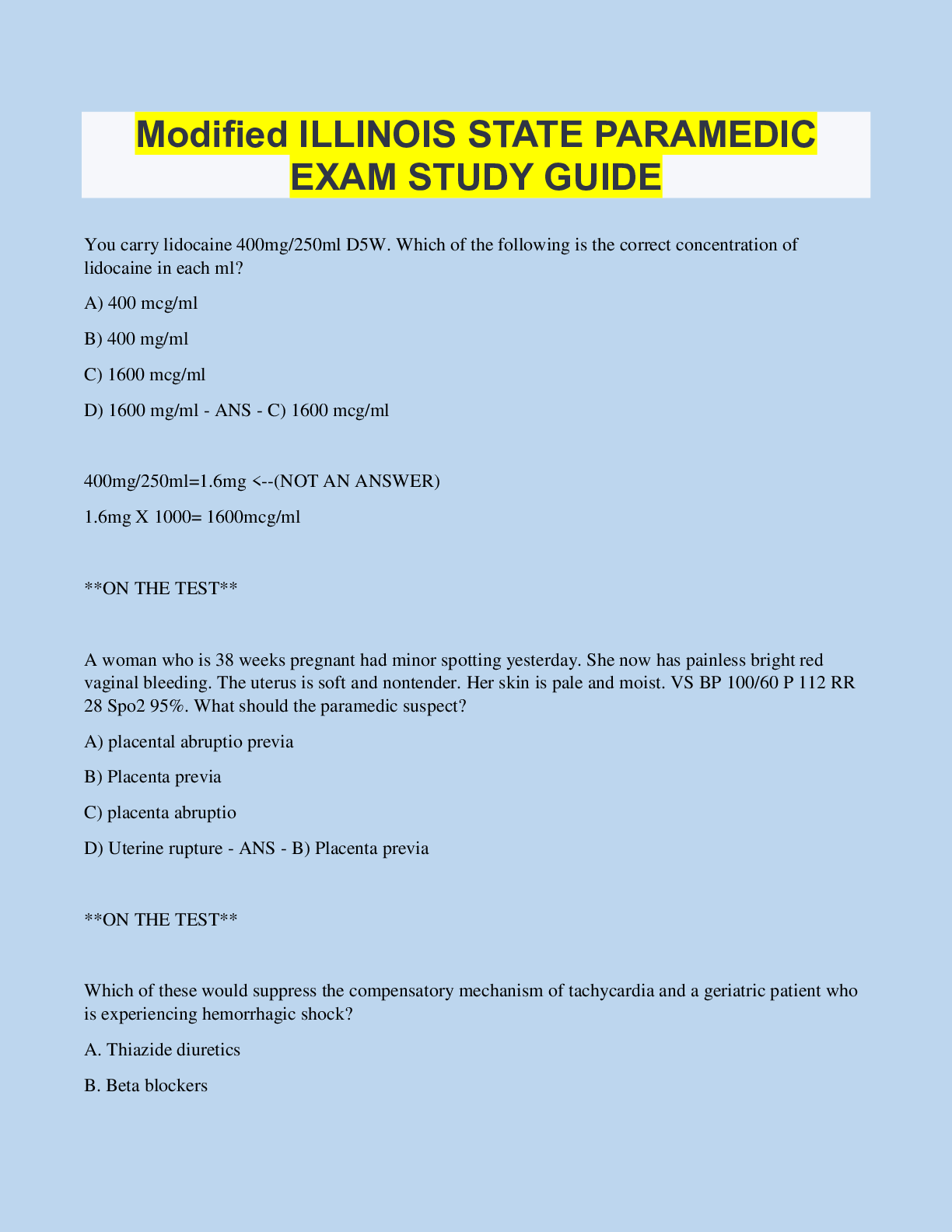 Preview image of Modified ILLINOIS STATE PARAMEDIC EXAM STUDY GUIDE document
